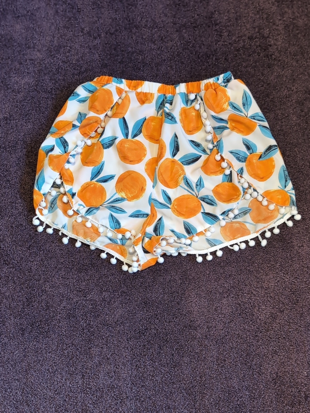 SHEIN White Shorts with Orange Fruit Print and Pom Pom Trim